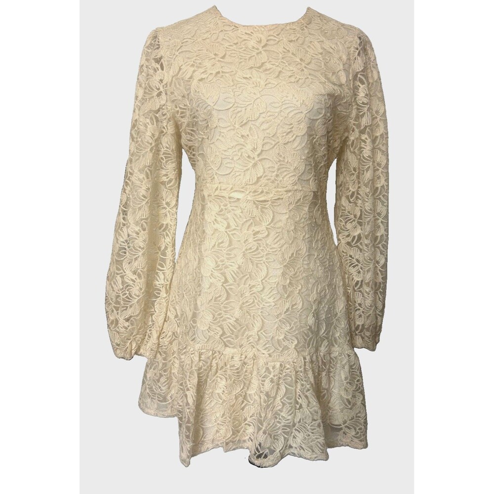 baby pink Womens Embroidered Lace Ivory Skater Long Sleeves Party Dress Sz M